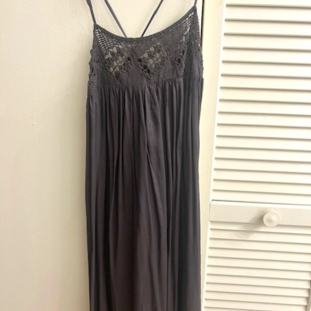 LKNW Free People Maxi Dress Steel Grey Crochet Top Flowy Sundress Size XS